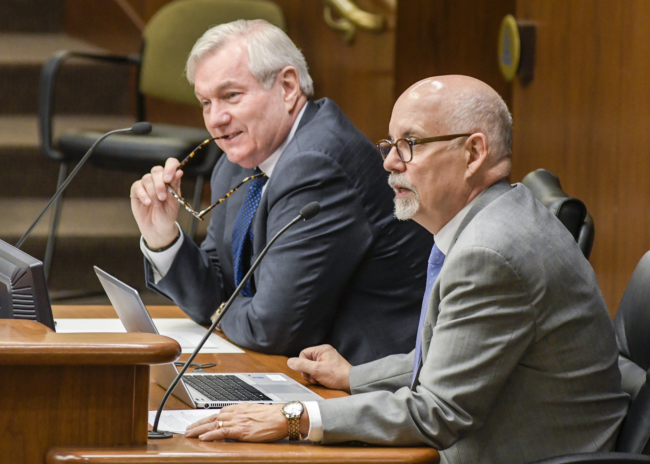 Trevor Ames, dean of the University of Minnesota’s College of Veterinary Medicine, and Michael Osterholm, director of the university’s Center for Infectious Disease Research and Policy, testify Feb. 7. Photo by Andrew VonBank